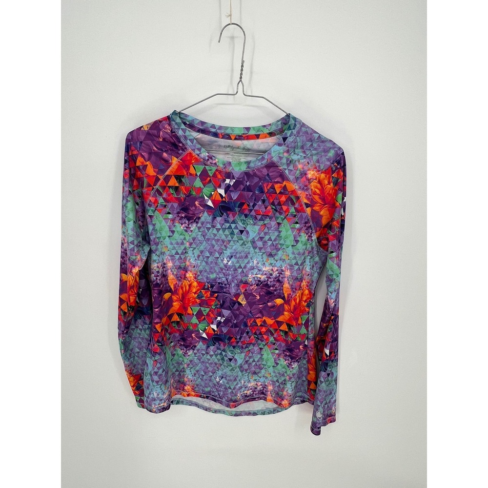 Reel Legends Women Top Long Sleeve Keep-It-Cool Geometric Floral Purple XL